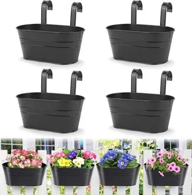 Produktbild von 4 teiliges Metall Aufhängen Blumentöpfe, 27,5cm Große Blumentöpfe Hängender Blumeneimer mit Abnehmbarem Haken für Balkon Zaun Garten Heim
