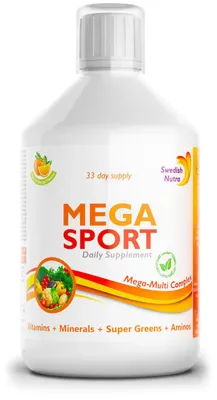 Produktbild von Swedish Nutra® Mega Sport – flüssige Powerformel für aktive Menschen – Vitamine, Mineralien, Super Greens - für Sport – mit Orangengeschmack
