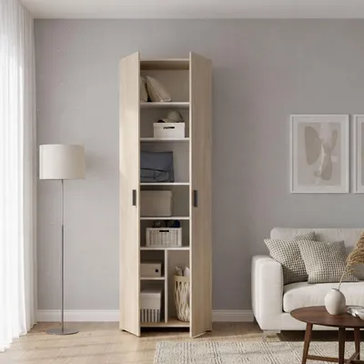 Image de Apro - Armoire Multi-usage 2 Portes, 61x190h cm Chêne Marron, 6 Étagères