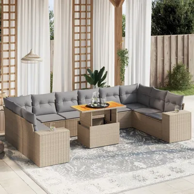 Produktbild von Design 11-tlg. Garten-Sofagarnitur mit Kissen Beige Poly Rattan, Gartenmöbel-Sets 2024 Neu