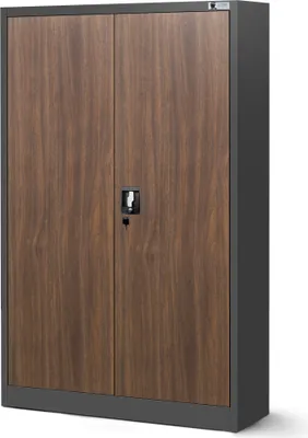 A tall, two-door storage cabinet with a wood grain finish on the doors and a gray frame.