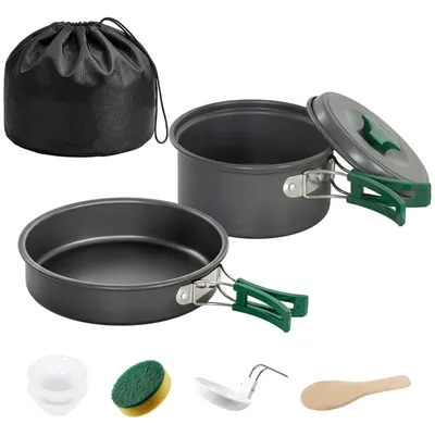 Image de Ensemble de batterie de cuisine pour camping, 8 pièces, comprenant une casserole et une poêle | Couleur : Gris | Dimensions : 17x17x10 cm
