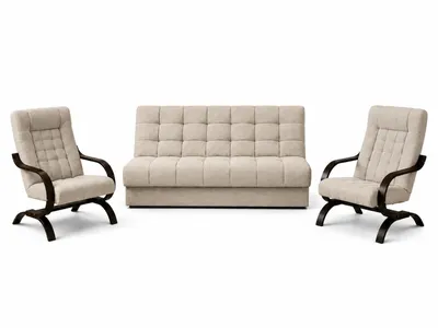 Produktbild von ANMIL SET Schlafsofa OLIO mit 2 Sesseln in Beige Stoff SAWANA 3-teilige Polstergarnitur mit Schlaffunktion, Bettkasten und Gestell Nussbaum dunkel, KI-generiertes Bild