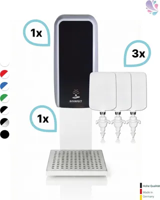 Produktbild von SET: Desinfektionsspender SENSOR Blanc Cosmos versch. Farben + Tischständer weiß +3x 1-Liter Hautdesinfektion : Farbe - Silber / Schwarz Farbe: Silber / Schwarz
