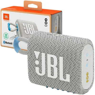 A JBL Go 3 Eco Bluetooth speaker and its packaging are displayed.