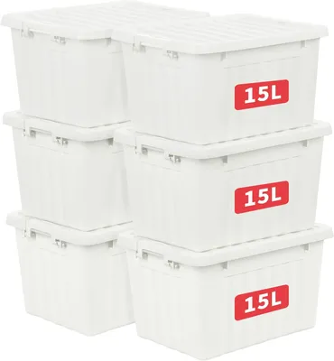 Zdjęcie produktu dla Pojemniki plastikowe, 15 litrów, 6 sztuk, do układania w stos, z pokrywą i zamykaniem, do kuchni