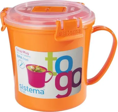 An orange Sistema soup mug with a clear lid and a handle, featuring colorful 'to go' branding and a small image of soup.