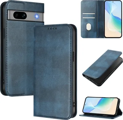 Produktbild von Handyhülle für Google Pixel 7A, Vintage Leder RFID Schutz Kartenfach Standfunktion Magnetische Klapphülle Blau