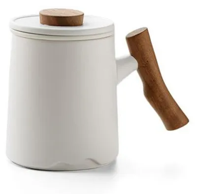 Produktbild von Teetasse mit Deckel und Sieb 360ml Keramik Weiß Holzgriff