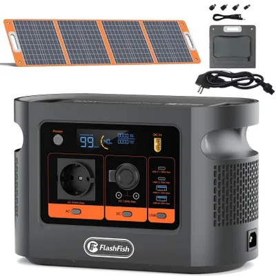 Productafbeelding van Draagbare powerstation met zonnepaneel - E106B - 600 W - 384 Wh - 100W zonnepaneel - LiFePO4-batterij - Pure sinusgolf - EU-stopcontact