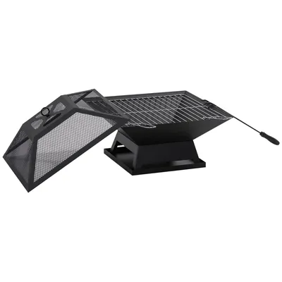 Obrázok produktu pre Moonbite ohnisko 45 × 45 cm s grilovacou mriežkou, krb s ochranným krytom a hákom na manipuláciu, 16 ventilačných otvorov, vonkajšie ohnisko vhodné na terasu, oceľ, čierna farba