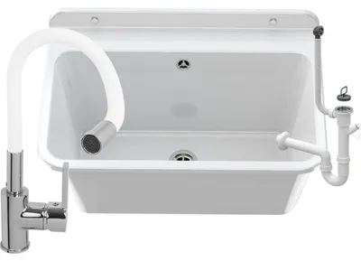 Produktbild von Granitan | Wirtschaftsspüle - LARGE - mit Armatur - mit Siphon - Weiß - 61 x 41 cm - für Waschküche und Garage