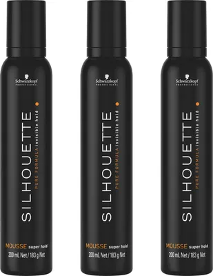 Three black cans of hair mousse arranged side-by-side against a white background.