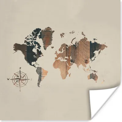Produktbild von MuchoWow® Poster Weltkarte - Holz - Kompass 75x75 cm - Wand Dekoration