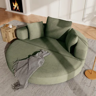 Zdjęcie produktu dla Sofa rozkładane Merax Boneless, modułowe, z poduszkami, owalne, obite tkaniną corduroy, 2 w 1 (sofa i łóżko), kolor zielony