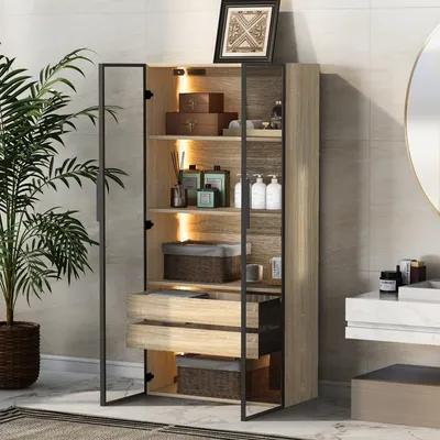 Produktbild von Badezimmerschrank mit LED-Beleuchtung, 2 Schubladen, 2 Glastüren, 74x36x155 cm