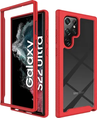 Produktbild von Galaxy S22 Ultra 5G Hülle, Hybrid Transparente Rückseite Robust TPU Bumper Rutschfest Stoßfest Ganzkörper Schutzhülle für Samsung Galaxy S22 Ultra 5G Rot