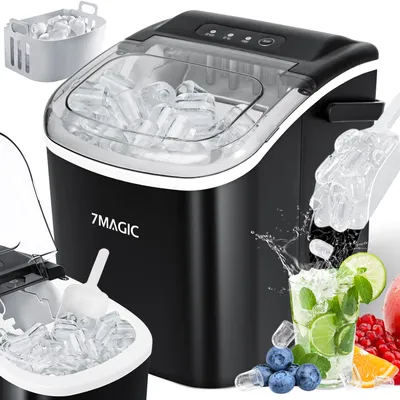 Produktbild von 7MAGIC Eiswürfelmaschine Klein, 12KG Eiswürfelbereiter Ice Maker, 9 Würfel in 6 Minuten fertig, Schwarz Eiswürfelmaschine mit Tragbarem Griff, 12KG/24H, Selbstreinigendes Eiswürfelmaschinen