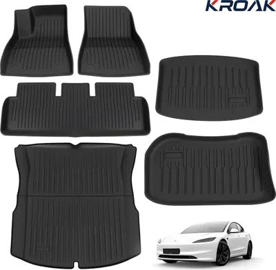 Obrázek produktu pro KROAK – sada 6 rohoží do vozu Tesla Model 3 Highland 2024–2025, rohože z TPE do každého počasí, voděodolné, protiskluzové, ochrana interiéru, snadné čištění