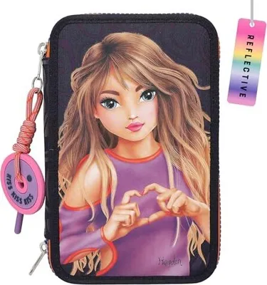 Produktbild von Depesche 12597 TOPModel Night Light - Gefüllte 3-Fach Federtasche mit Model-Motiv, dunkelblaues Federmäppchen mit Buntstiften, Lineal, Schere uvm.