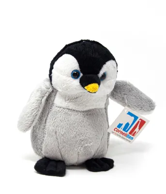 A plush toy penguin is shown against a white background.