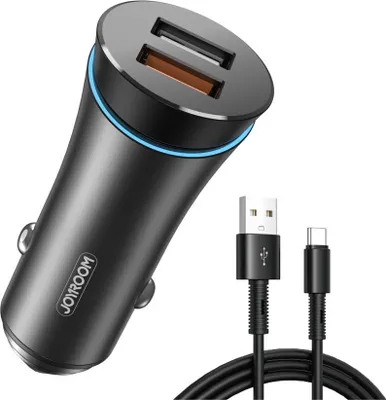 Zdjęcie produktu dla Ładowarka samochodowa Joyroom 30 W z dwoma portami QC3.0 i kablem USB-A do USB-C - czarna