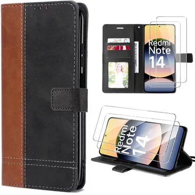 Image de Coque + 2 Verres Trempés pour Xiaomi Redmi Note 14 5G, Protection Cuir Synthétique Antichoc Marron/Noir