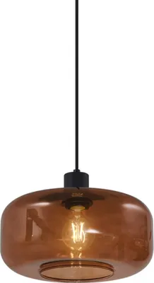 A pendant light with a brown glass shade and a black stem.