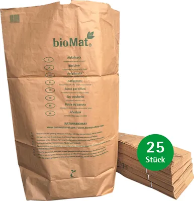 Immagine prodotto di sacchi di carta bioMat compostabili 240l in carta kraft, 25 sacchi di carta per rifiuti organici, a 1 velo, resistenti allo strappo, resistenti all'umido