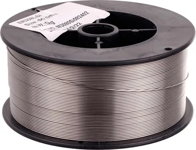 A spool of welding wire on a black plastic spool.