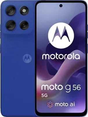 A product image of a blue Motorola Moto G56 smartphone, displayed with its screen showing marketing material.