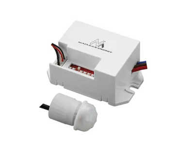 A white PIR motion sensor with a separate sensor head, shown against a white background.