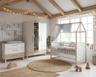 Produktbild von roba Kinderzimmerset Noah - Babyzimmer Set mit Babybett 70 x 140 cm, Wickelkommode und 3-türigem Kleiderschrank - Holz in Weiß & Cashmere