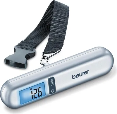 A silver digital luggage scale with a black strap and buckle is shown against a white background.