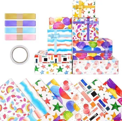 Productafbeelding van 8 Vrolijke Kinder Cadeaupapier Sets met Regenboog & Strikjes - 50x70 cm