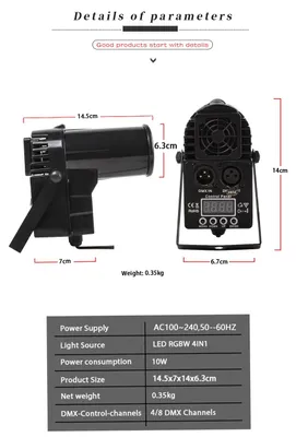 Produktbild von LED Pinspot Strahler - 10 W RGBW 4in1 DMX Bühnenlicht - Für Spiegelkugel - Disco & DJ Party - AC100–240V - EU-Stecker
