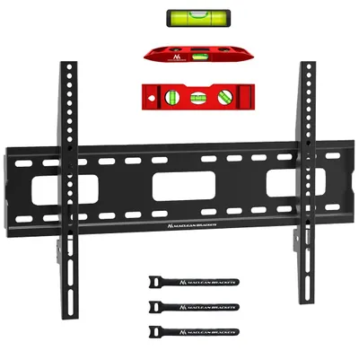 A black TV wall mount with accessories and levels.
