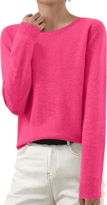 Produktbild von ASKSA Damen Strickpullover Elegant Einfarbig Strickpulli Duenne Feinstrick Winterpullover Stretch Warm Wollpullover Basic Rundhals Pulli,Rosenrot,S