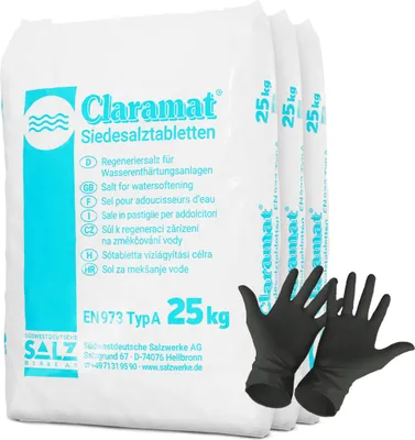 Produktbild von Claramat Siedesalztabletten 75kg Regeneriersalz inklusiv 1 Paar ARNOMED Einweghandschuh