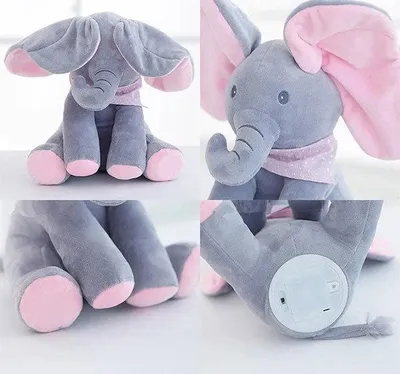 Grauer Plüsch-Elefant mit rosa Innenohren und Füßen, mit rosa gepunktetem Schal, aus mehreren Blickwinkeln gezeigt, einschließlich einer Ansicht seines Batteriefachs