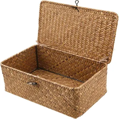 Obrázek produktu pro Úložný koš z tkaného ratanu, úložný box s víkem, mořská tráva, koš na prádlo, organizér na kosmetiku do koupelny, obývacího pokoje, kuchyně (XXL)