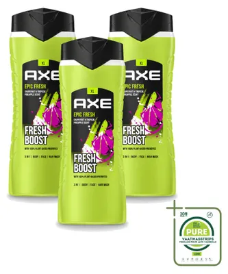 Zdjęcie produktu dla 3 sztuki żelu pod prysznic 3 w 1 AXE Epic Fresh, pojemność 400 ml - opakowanie zbiorcze