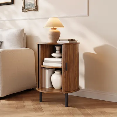 Produktbild von Merax runder Couchtisch mit Schiebetür und Stauraum, Beistelltisch mit 2 Ablageetagen, Rillenoptik, schwarze Metallfüße, Sofatisch Wohnzimmer,Nussbaum