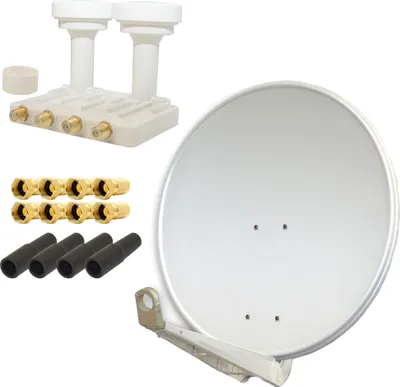Produktbild von PremiumX DELUXE80 Alu 80cm SAT Schüssel Hellgrau Monoblock Quad Weiß 4x Gummitülle 8x F-Stecker