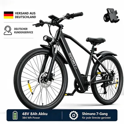Produktbild von PiXELPiLOT T8S E Bike, Trekking E-Bikes Doppelte Federung, 250W Pedelec, 48V 8Ah Akku, Shimano 7-Gang, LED-Licht, LCD Display