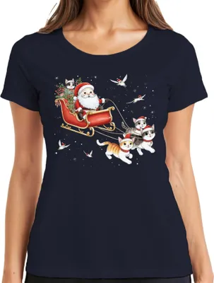 Produktbild von Santa Claus Schlitten Katzen Kätzchen - Weihnachten Weihnachtsgeschenk Christmas Damen T-Shirt, Navy, 3XL