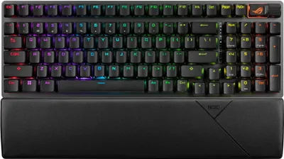 A top-down view of a gaming keyboard with RGB lighting and a wrist rest.