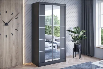 Produktbild von Easy4You N5 100 cm Schwarz Schiebetüren Kleiderschrank 100x200x58 cm mit Spiegel - Schlafzimmermöbel, Aufbewahrung - Mehrzweckschrank