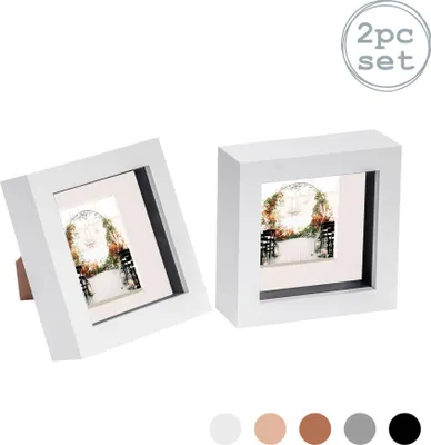 Produktbild von Nicola Spring 2 Stück 4 x 4 3D Shadow Box Photo Frame Set - Craft Anzeigen Bilderrahmen mit 2 x 2 Montieren - Glas Aperture - Weiß / Elfenbein