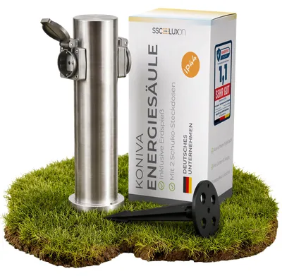 Produktbild von SSC-LUXon KONIVA Garten Steckdosensäule 2-fach Edelstahl - Gartensteckdose IP44 mit Erdspieß rostfrei - Stromsäule für Garten & Terrasse